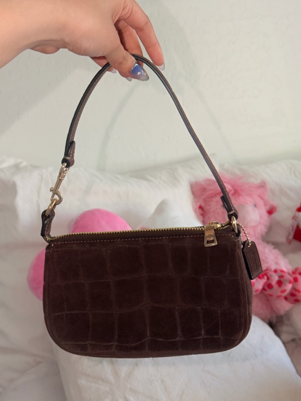 COACH Dark Brown Croc-Embossed Suede Nolita 19 with Gold Hardware - Picture 2 of 4